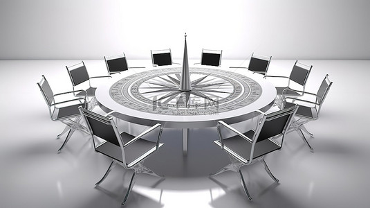 培训商业背景图片_圆桌上指南针的 3D 渲染，白色背景上有一把领导椅