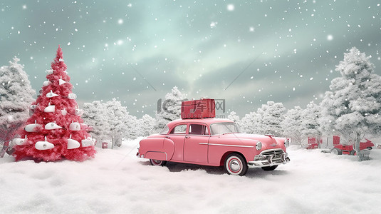 雪背景图片_屋顶上有圣诞树的老式红色汽车是 3D 渲染中的假日旅行概念