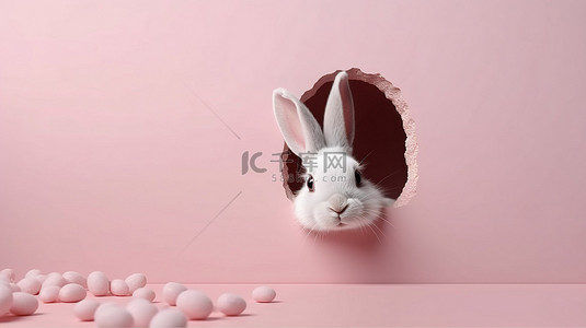 兔子耳朵背景图片_快乐的复活节贺卡 3D 渲染的兔子耳朵，带有海报横幅和明信片的复制空间