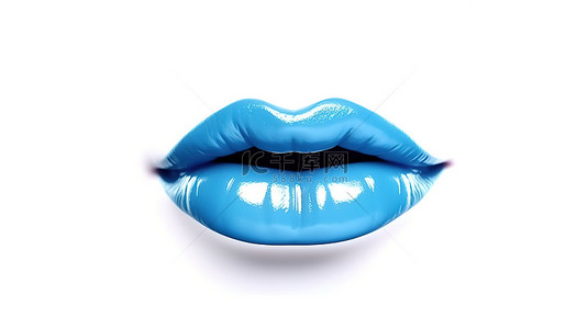 白色背景上的蓝色口红吻手势女性嘴唇的 3D 渲染