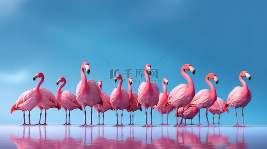 旅行背景图片_异国情调的热带鸟类特征 3D 插图粉红色火烈鸟凝视前方