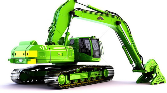 机械科技背景背景图片_带有绿色机械挖掘机的白色背景的 3D 渲染