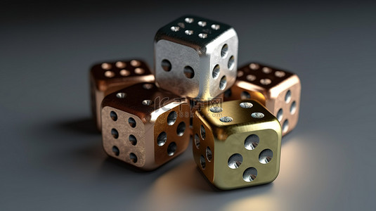 白色背景上金银和青铜的孤立骰子的 3D 渲染