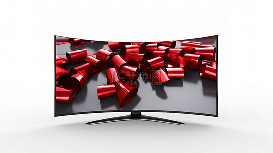 红丝带背景图片_时尚弧形液晶显示器或等离子电视显示器的 3D 渲染，在原始白色背景上装饰着红丝带和蝴蝶结