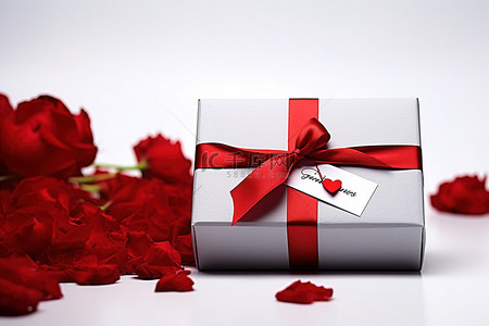 带红丝带和卡片的情人节礼品盒