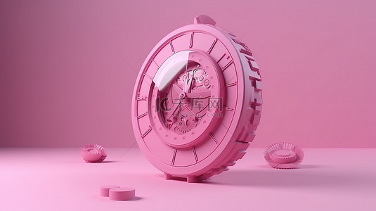 现代粉色计时图标 3D 渲染时钟设计，具有象征性手表和前视图
