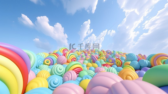 柔和的粉彩气球云和螺旋彩虹蓝天中的 3D 渲染梦想