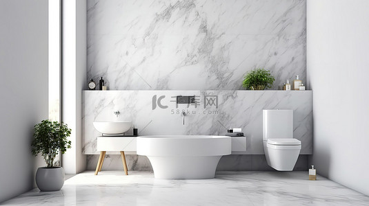 浴室背景图片_现代浴室设计，配有白色水槽厕所和大理石 3D 渲染