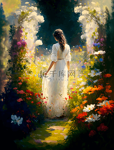 皱眉女人背景图片_田园生活花园花卉植物女人背影油画装饰画背景