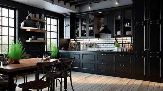 复古现代厨房设计，采用经典黑色家具，采用柔和的调色板 3D 渲染