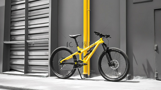 黄色工业建筑墙的极端特写 3D 渲染黑白山地自行车