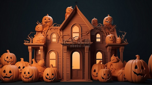 怪异的万圣节讲台促销活动以 3D 渲染的恐怖人物南瓜鬼魂和鬼屋背景为特色