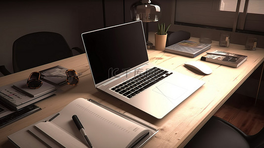 桌面背景图片_放置在 3d 生成的办公桌上的笔记本电脑