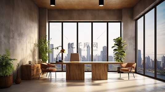 3D 渲染别致的联合办公空间，具有混凝土和木质的室内城市景观以及日光设备和家具