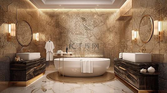 豪华的中国风格浴室，配有现代 3D 渲染和令人惊叹的瓷砖