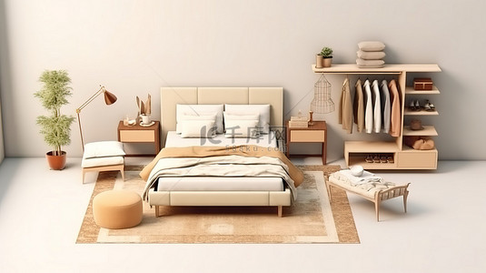 卧室的 3D 插图，配有梳妆椅衣柜床上用品毯子和枕头