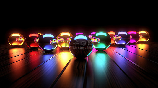 各种光背景图片_各种彩色 LED 球，在光滑的黑色地板 3D 渲染上反射