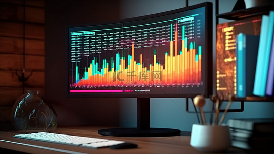 3D 渲染图形分析监视器，说明在线营销开发的从低到高的数据