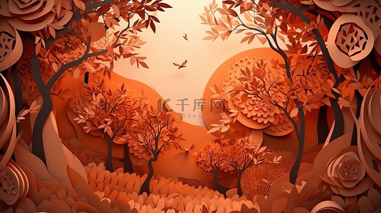 秋天山水背景图片_3d 秋季剪纸插图抽象纸艺术背景的创意设计