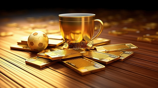 冠军荣耀 3D 渲染金杯金银行卡和硬币作为胜利的象征