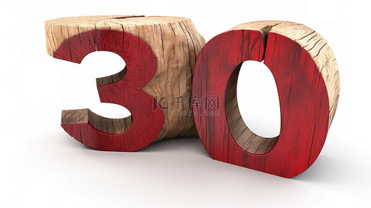 带裂纹和红色数字的风化木 30 的孤立白色背景 3d 渲染