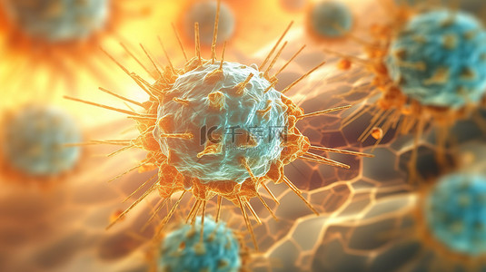 细胞分子背景图片_具有抽象背景的医学背景下 T 细胞和癌细胞的 3D 插图