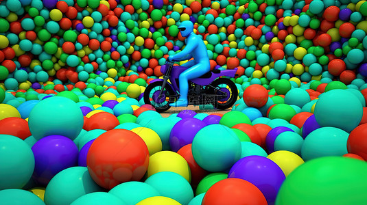 绿色背景上被彩色球包围的蓝色老式摩托车手的 3D 渲染