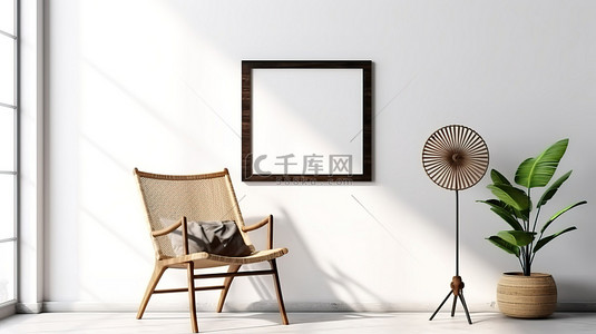 简约的模型木椅和风扇，海报框靠在现代 3D 室内的白墙上