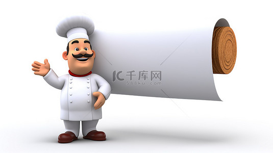 拿着横幅的厨师的卡通风格 3D 插图