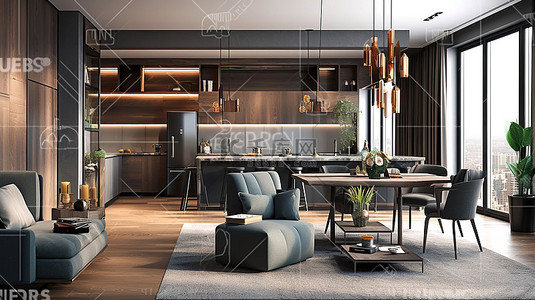 家居背景图片_现代豪华客厅 3D 渲染宽敞的室内场景，配有沙发和用餐区