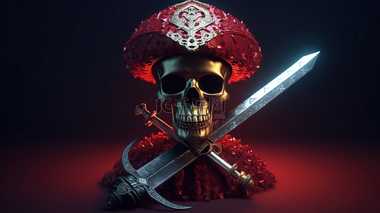 剑背景图片_加密海盗帽子剑头骨和多边形 matic 的 3d 渲染
