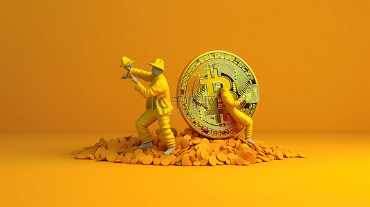 黄色金币背景背景图片_3d 中的 kahlos 在黄色概念背景上引人注目的比特币黄金用于采矿
