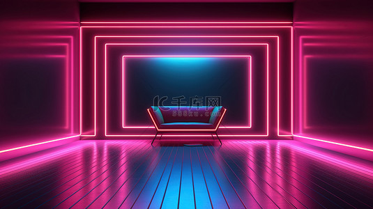 深紫光感背景图片_未来科技背景照亮 3D 渲染中的霓虹灯复古房间