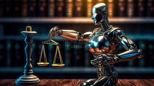 网络法的未来 3d 渲染人工智能机器人法律规模和法官的木槌