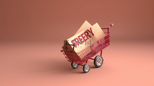 购物免费背景图片_3D 渲染中四轮法语“免费送货”购物袋