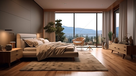 公寓或酒店室内设计中宁静卧室和休闲空间的 3D 渲染