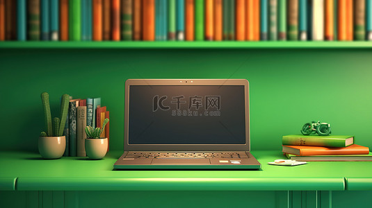 绿色架子背景横幅上显示的笔记本电脑的 3D 插图