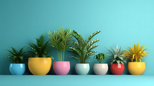 蓝色背景下彩色盆中充满活力的室内植物可定制文本区域 3D 渲染