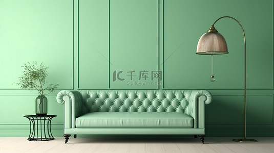 模型海报的 3D 渲染悬挂在古典室内的绿色墙壁上，配有浅色薄荷沙发和 d cor