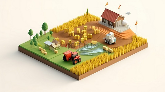 拖拉机在等距 3D 农场景观上收割农作物，麦田被隔离