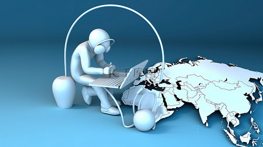 蓝色星球上戴着耳机和操作笔记本电脑的虚拟工作者白色 3D 人物