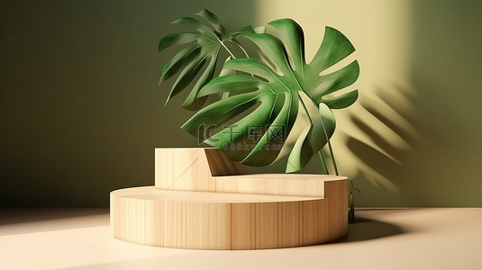 带 3d 显示绿化和叶影的木制讲台