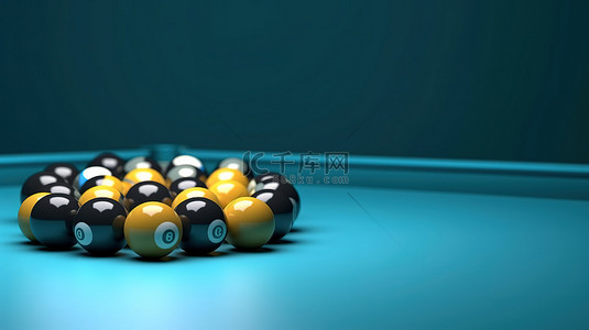 蓝色墙壁背景，带有台球桌球杆和 3D 渲染中的球组