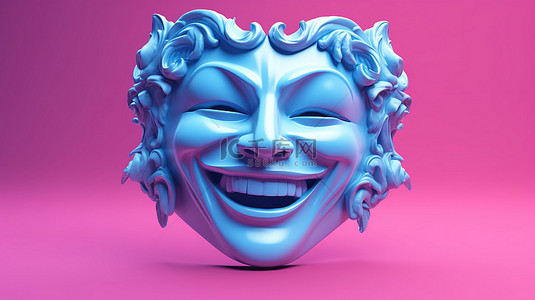 蓝色开心背景图片_双色调风格粉红色背景与蓝色微笑喜剧和悲伤戏剧怪诞剧院面具 3d 渲染