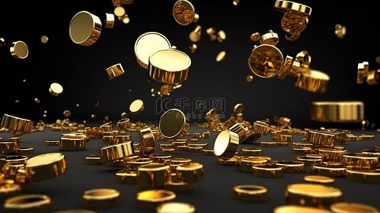 金条和金币洒落在光滑的黑色 3D 渲染上