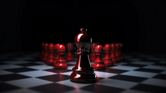黑色背景上象征领导力的红色国际象棋棋子的 3D 渲染