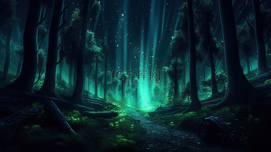 万圣节森林背景图片_魔法森林在夜间照亮树干