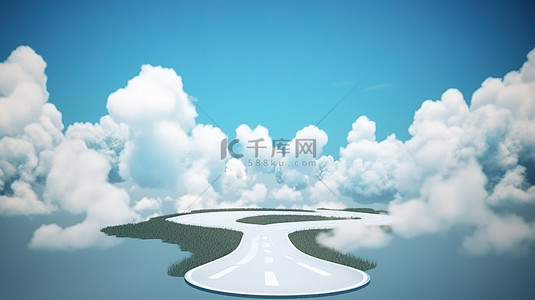 创意广告设计弯曲的道路漂浮在3D空间与云彩中