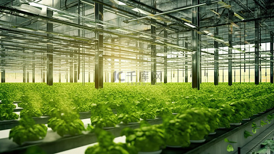 新鲜蔬菜背景图片_大型工业温室宽敞的内部，新鲜蔬菜3D渲染的水培室内农业天堂