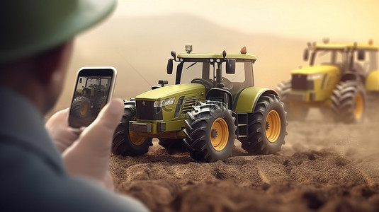 手麦田背景图片_农业进步农民在 3D 插图中操作移动自主拖拉机